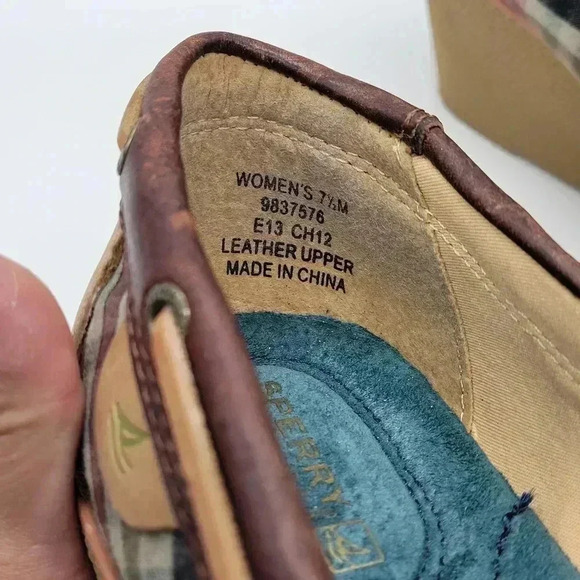 Sperry Top-Sider Wedge Heels Blue Plaid "Goldfish" Size 7.5 M Brown Leather - Picture 5 of 11